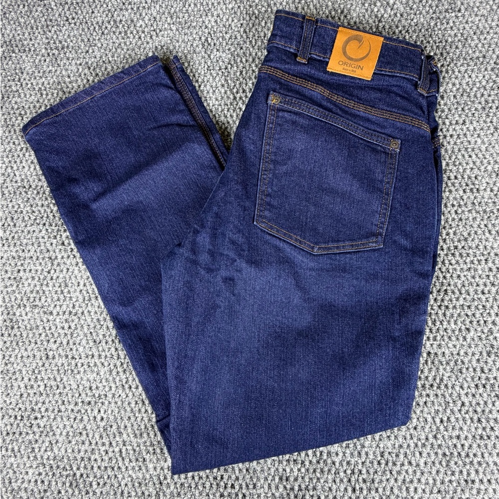Origin 34x30 Straight Fit Blue Denim Jeans Men Button Pockets Solid Dark Wash